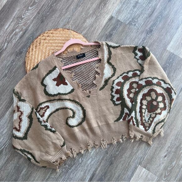 Storia distressed paisley print v neck‎ sweater Women’s Size M - Picture 1 of 6